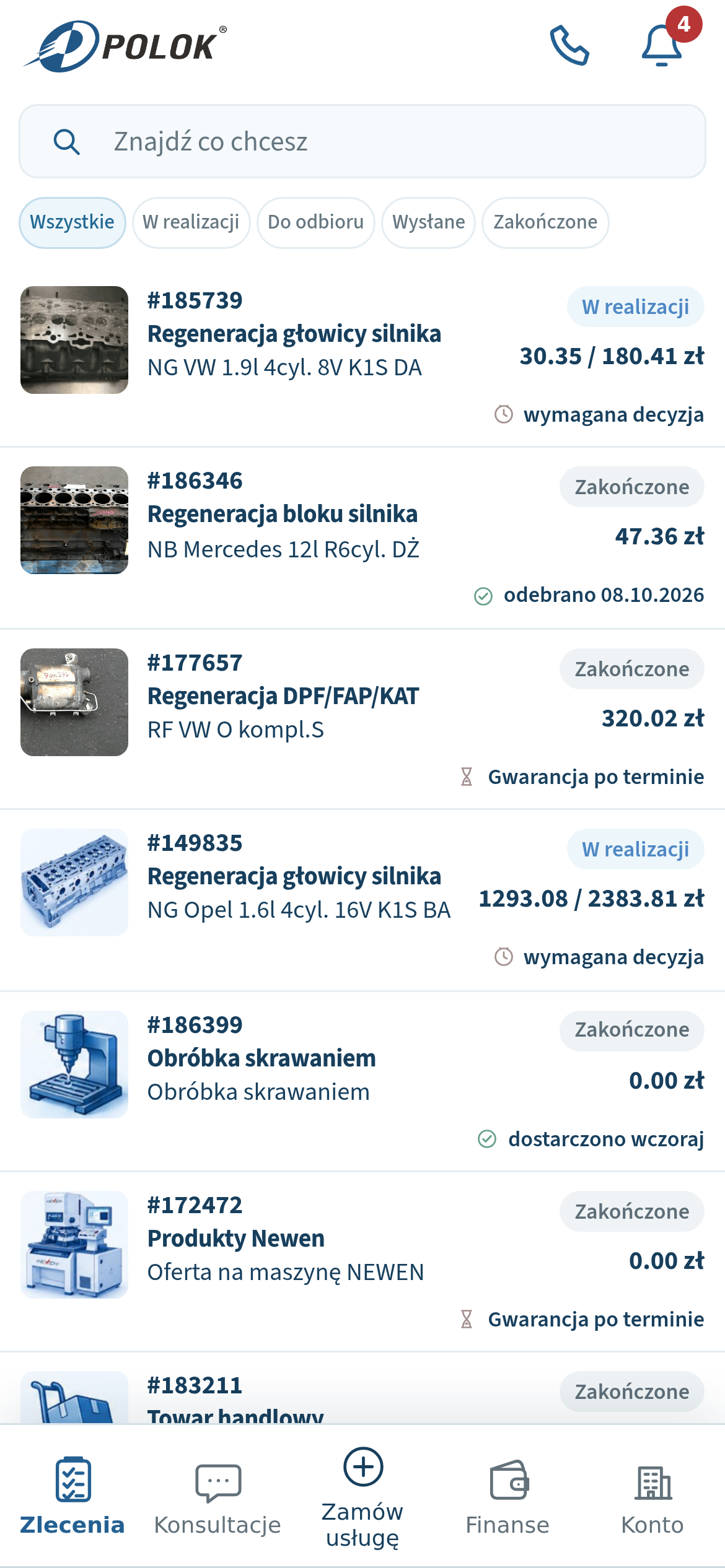 Lista zleceń w aplikacji POLOK z informacjami o postępie realizacji.