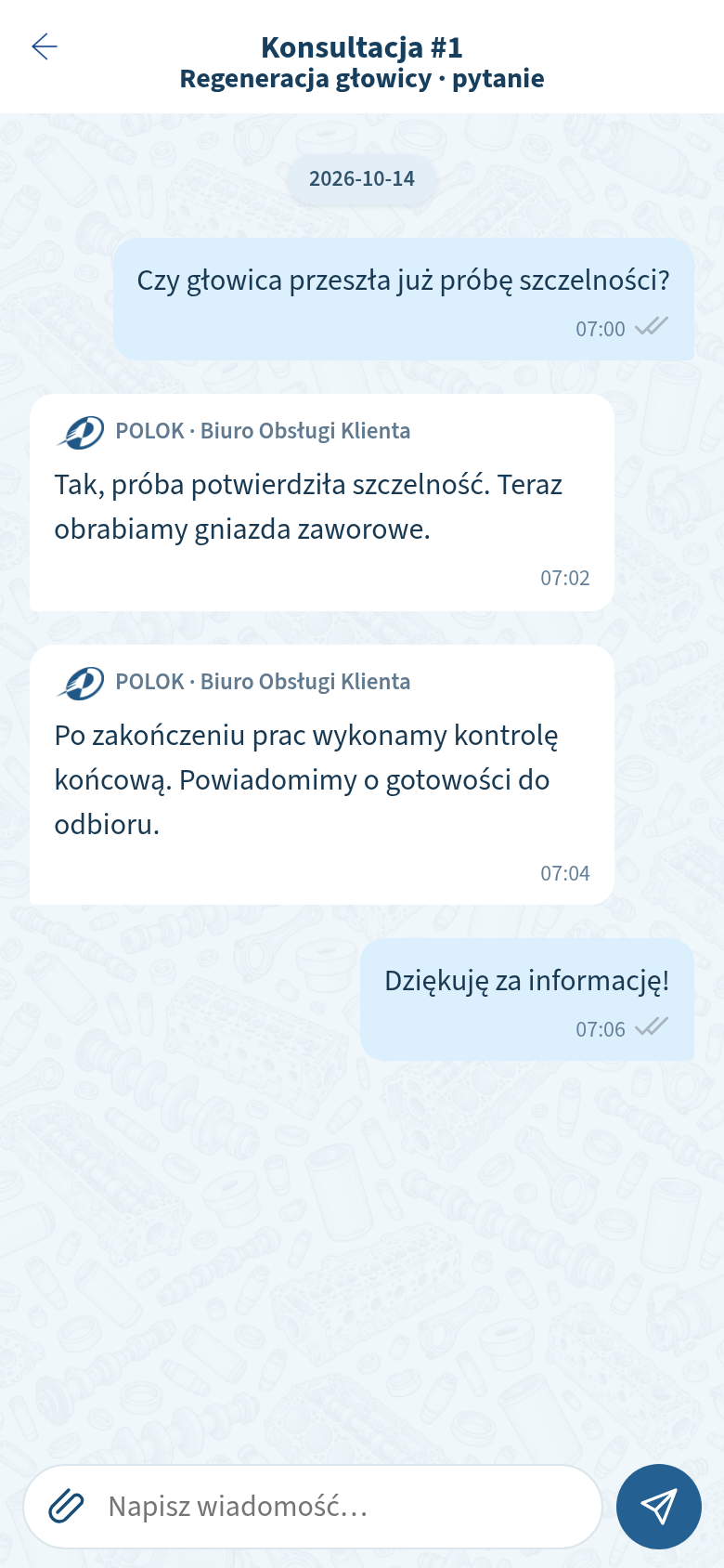 Przykładowa rozmowa z biurem obsługi o próbie szczelności i dalszych pracach.