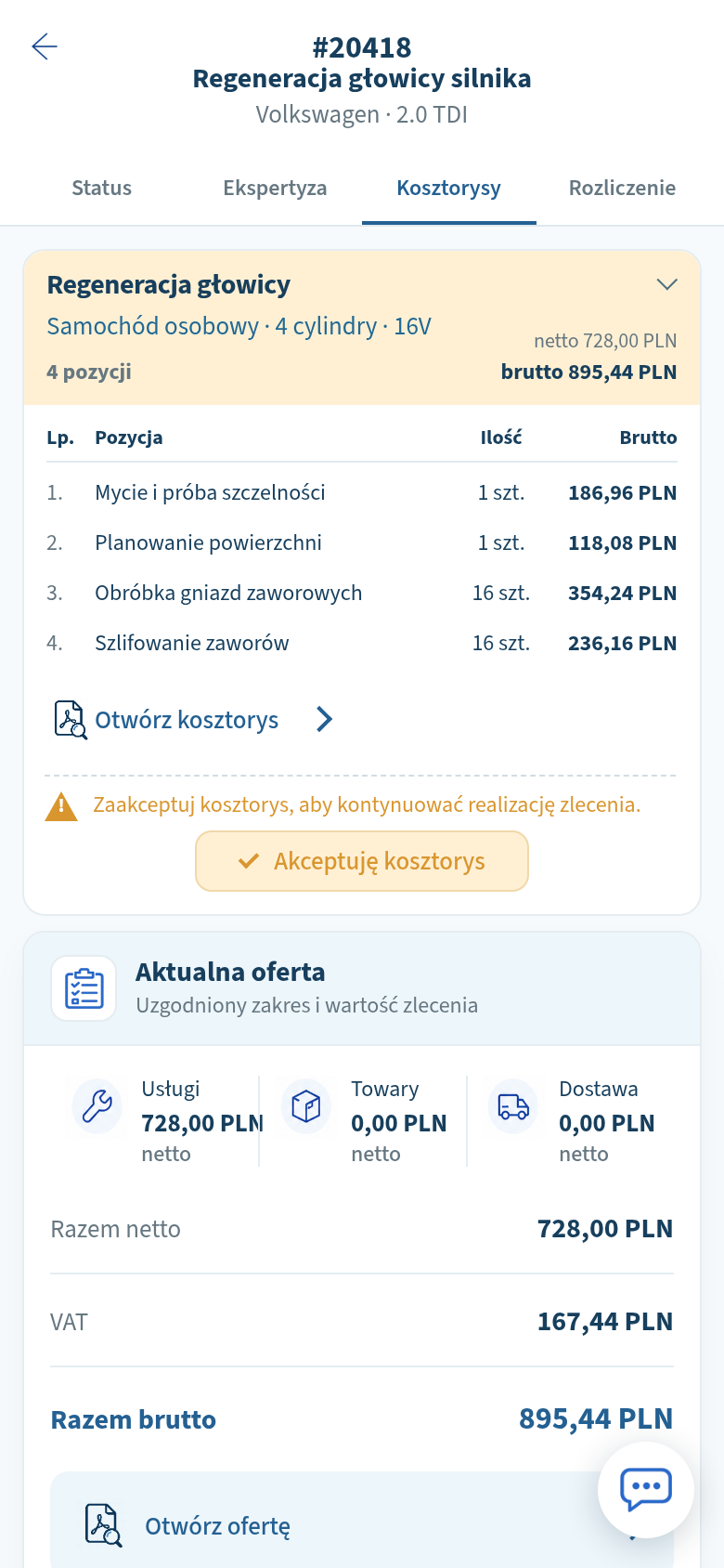 Kosztorys regeneracji z pozycjami prac, cenami i przyciskiem akceptacji.