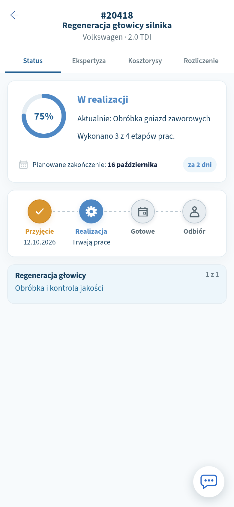 Status regeneracji głowicy: 75% postępu, aktualny etap prac i planowane zakończenie.